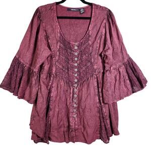 Boho Button Top Plus Size 18W 2XL Embroidered Sheer Grunge Pink Black WhimsyGoth